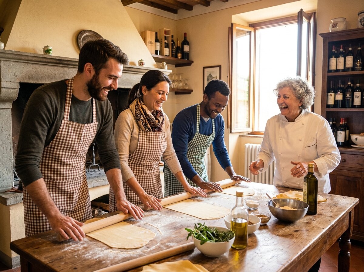 Smiling group rolling pasta with the chef at the cooking class
