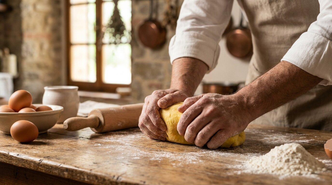 Hands kneading fresh egg pasta dough on a flour-dusted wooden table