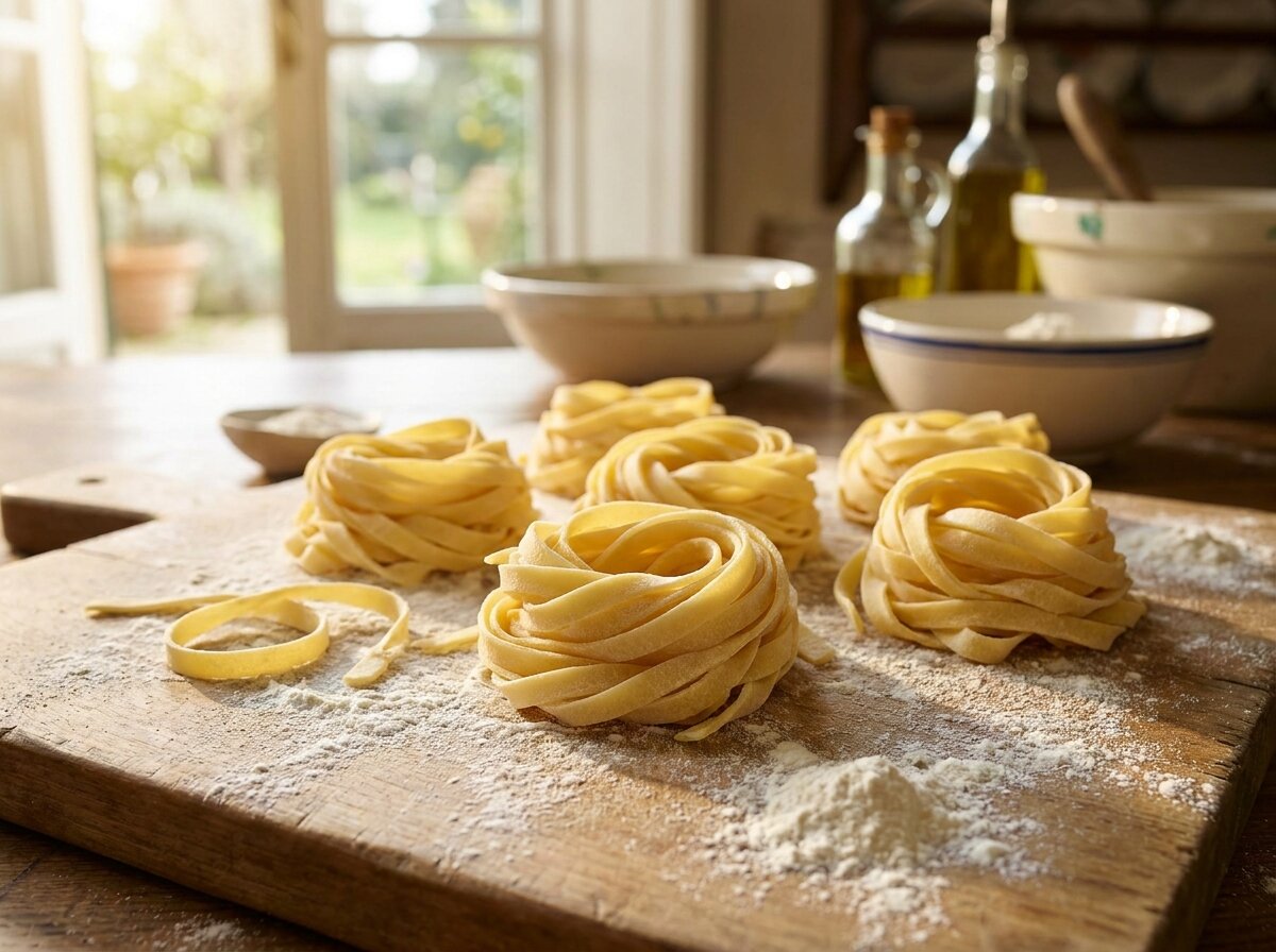Fresh tagliatelle pasta nests on a wooden board