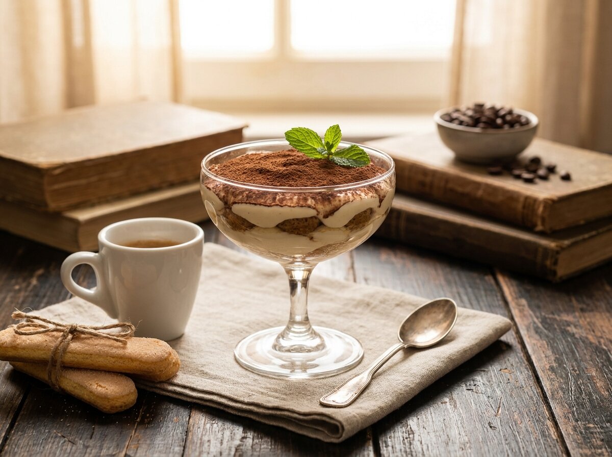 Authentic Italian tiramisù in a glass cup