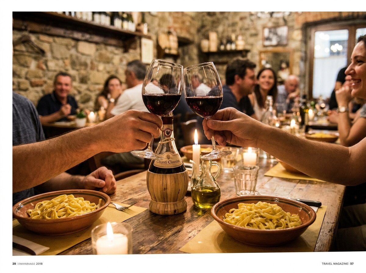 Toasting with Tuscan red wine over handmade pasta